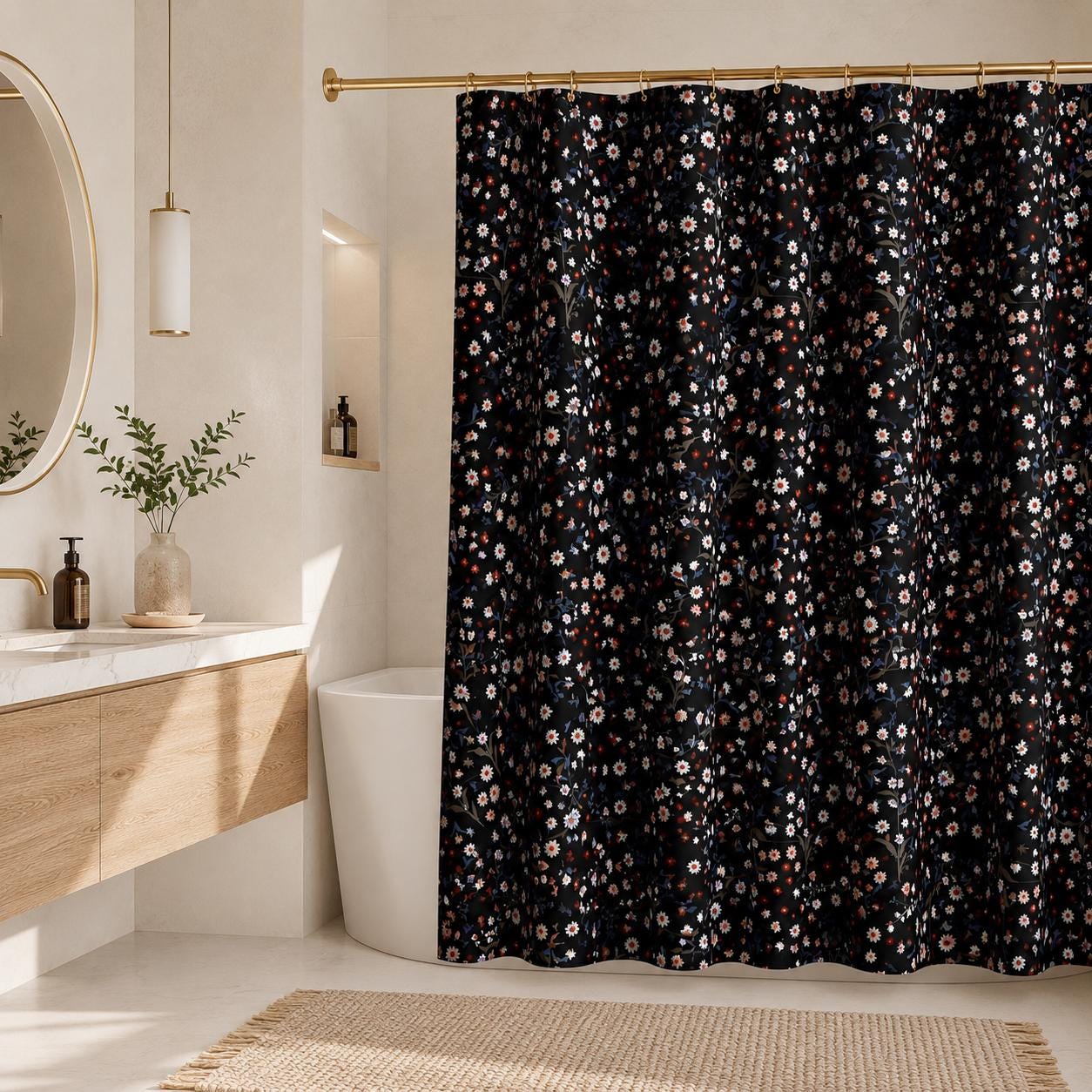 Black Ditsy Floral Shower Curtain, Moody Wildflower Bathroom Decor, Romantic Cottage Guest Bath Accent