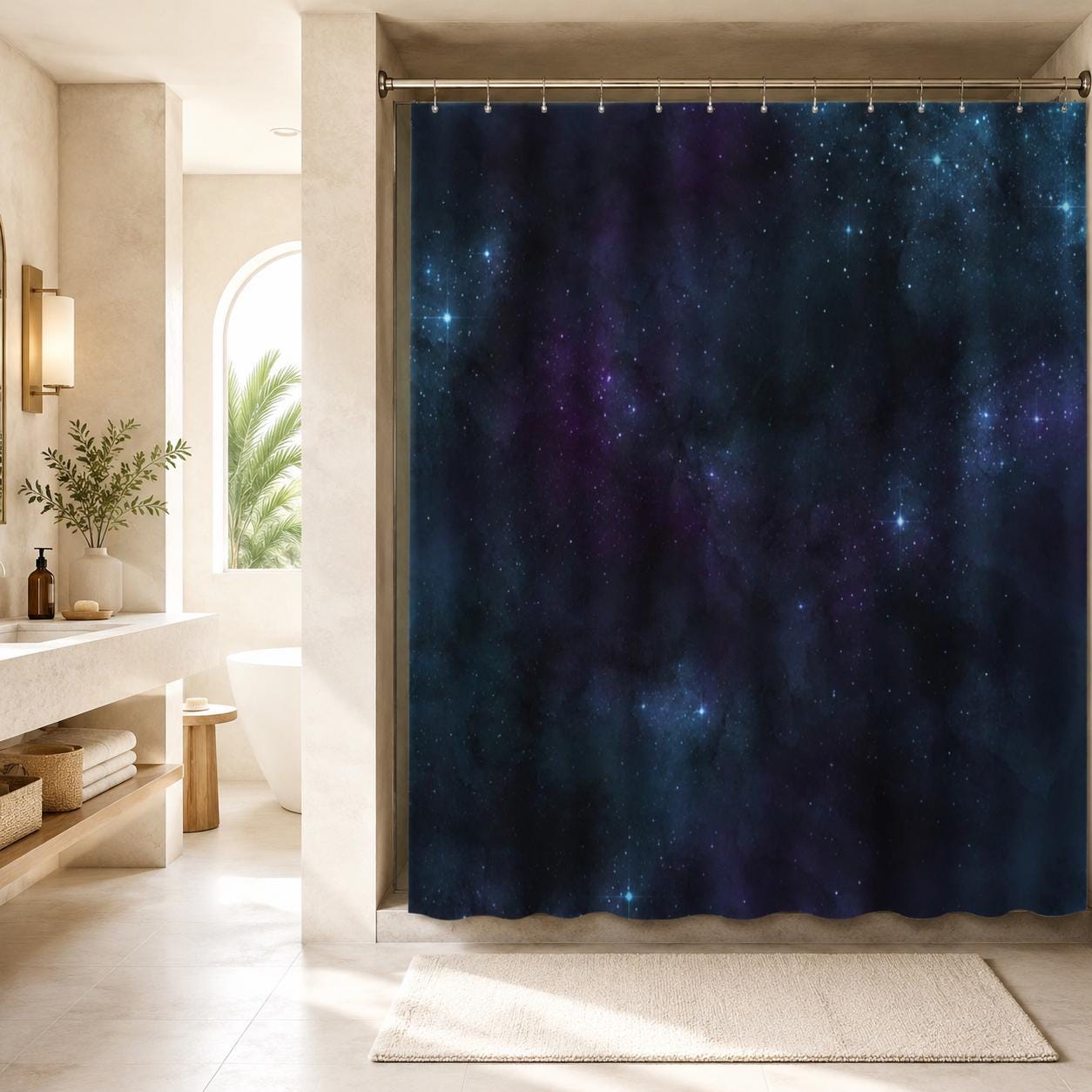 Deep Space Nebula Shower Curtain, Purple Stars Galaxy Bath Decor