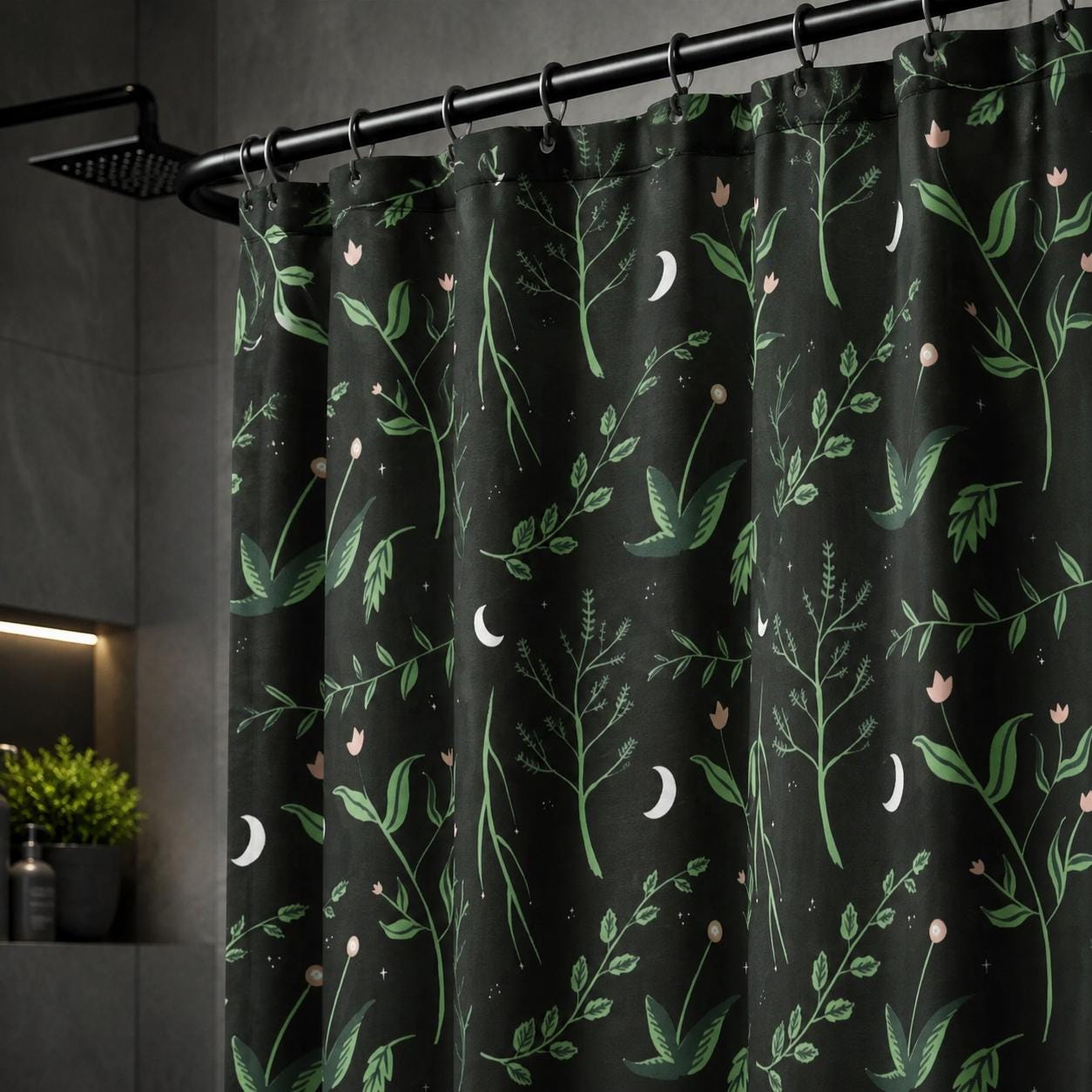 Crescent Moon Botanical Shower Curtain, Dark Floral Bathroom Decor, Cottagecore Guest Bath Accent