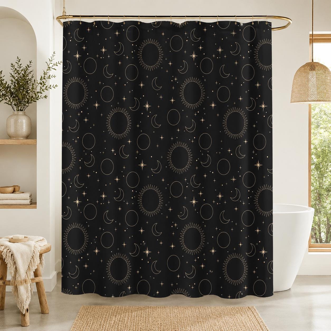 Hand Drawn Celestial Shower Curtain, Black Gold Sun Moon Stars, Modern Bathroom Decor
