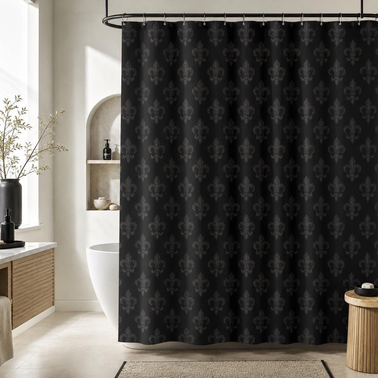 Fleur de Lis Shower Curtain, Tonal Black Damask Bath Curtain, Victorian Gothic Decor