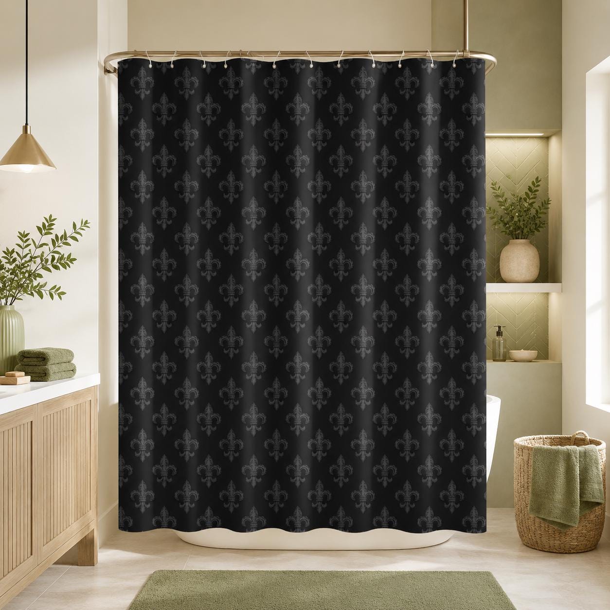 Fleur de Lis Shower Curtain, Tonal Black Damask Bath Curtain, Victorian Gothic Decor