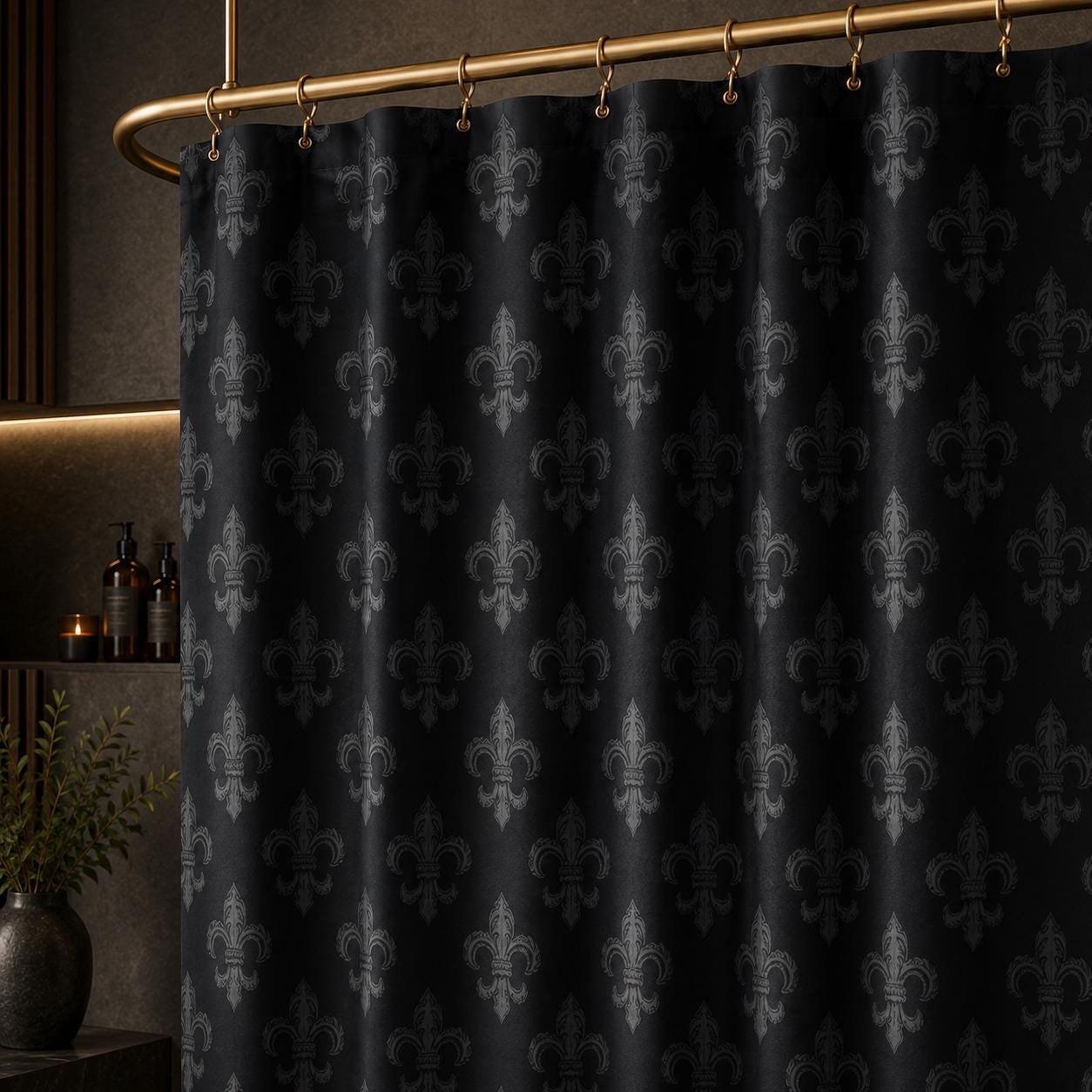 Fleur de Lis Shower Curtain, Tonal Black Damask Bath Curtain, Victorian Gothic Decor