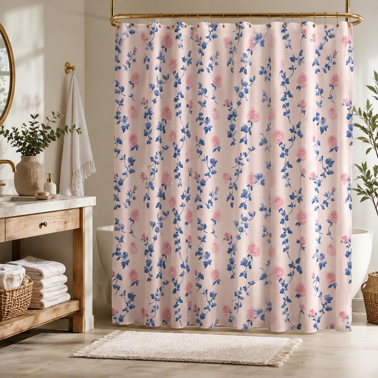 Vintage Rose Shower Curtain, Pink Blue Floral, Shabby Chic French Country Bath Decor