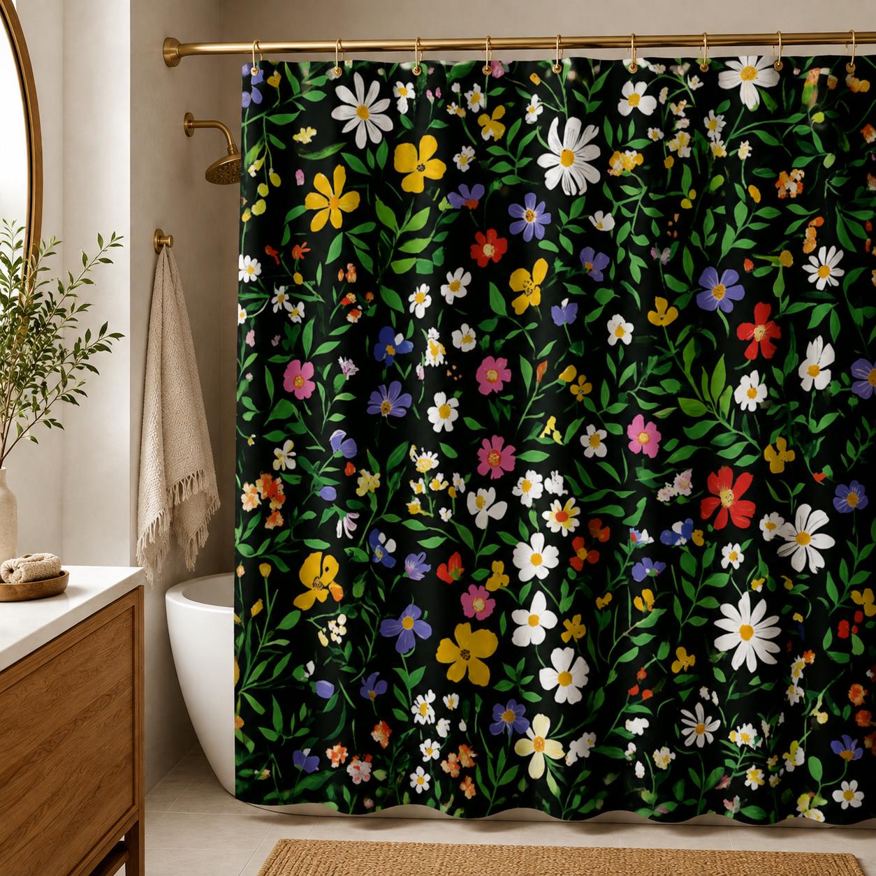 Black Wildflower Shower Curtain, Colorful Meadow Floral Bath Decor