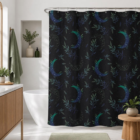 Moon Botanical Shower Curtain, Teal Crescent Moon Leaf Bath Decor