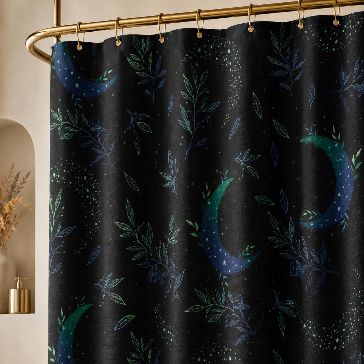 Moon Botanical Shower Curtain, Teal Crescent Moon Leaf Bath Decor