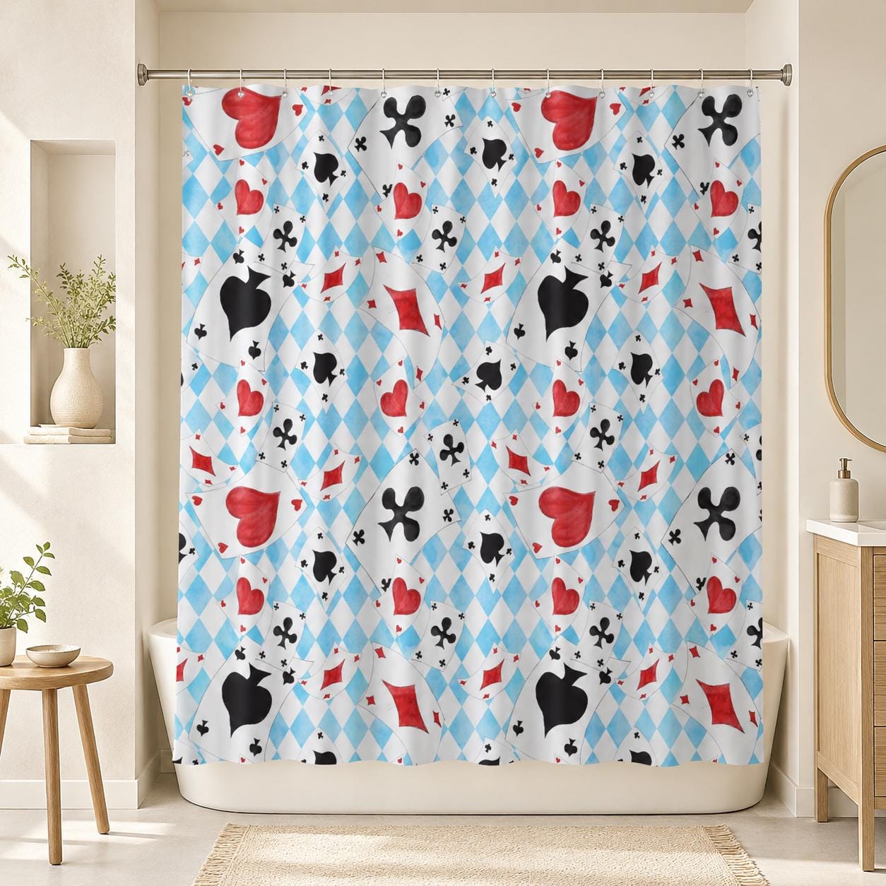 Playing Card Shower Curtain, Blue Harlequin Diamond Bath Curtain, Red Heart Spade Suits