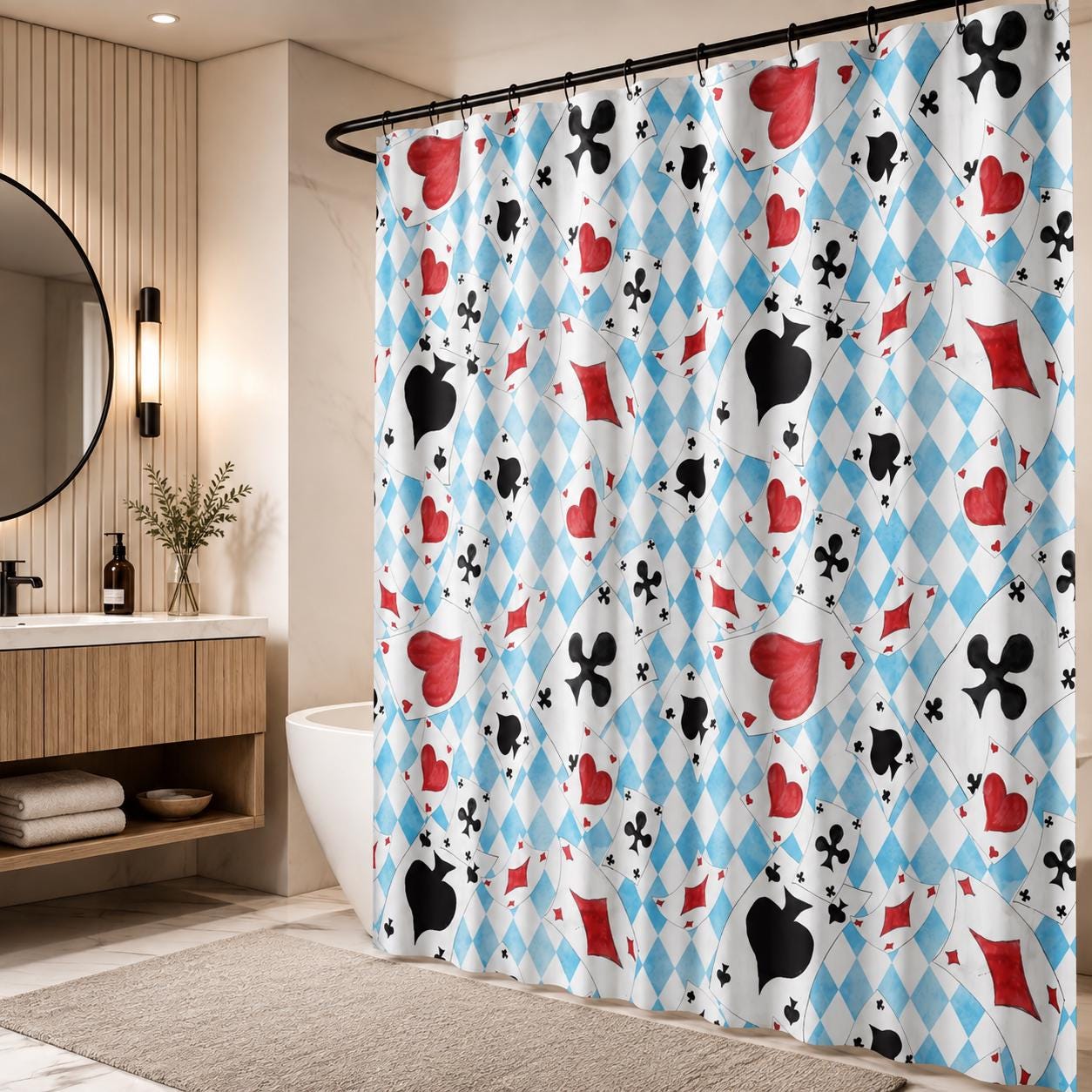 Playing Card Shower Curtain, Blue Harlequin Diamond Bath Curtain, Red Heart Spade Suits