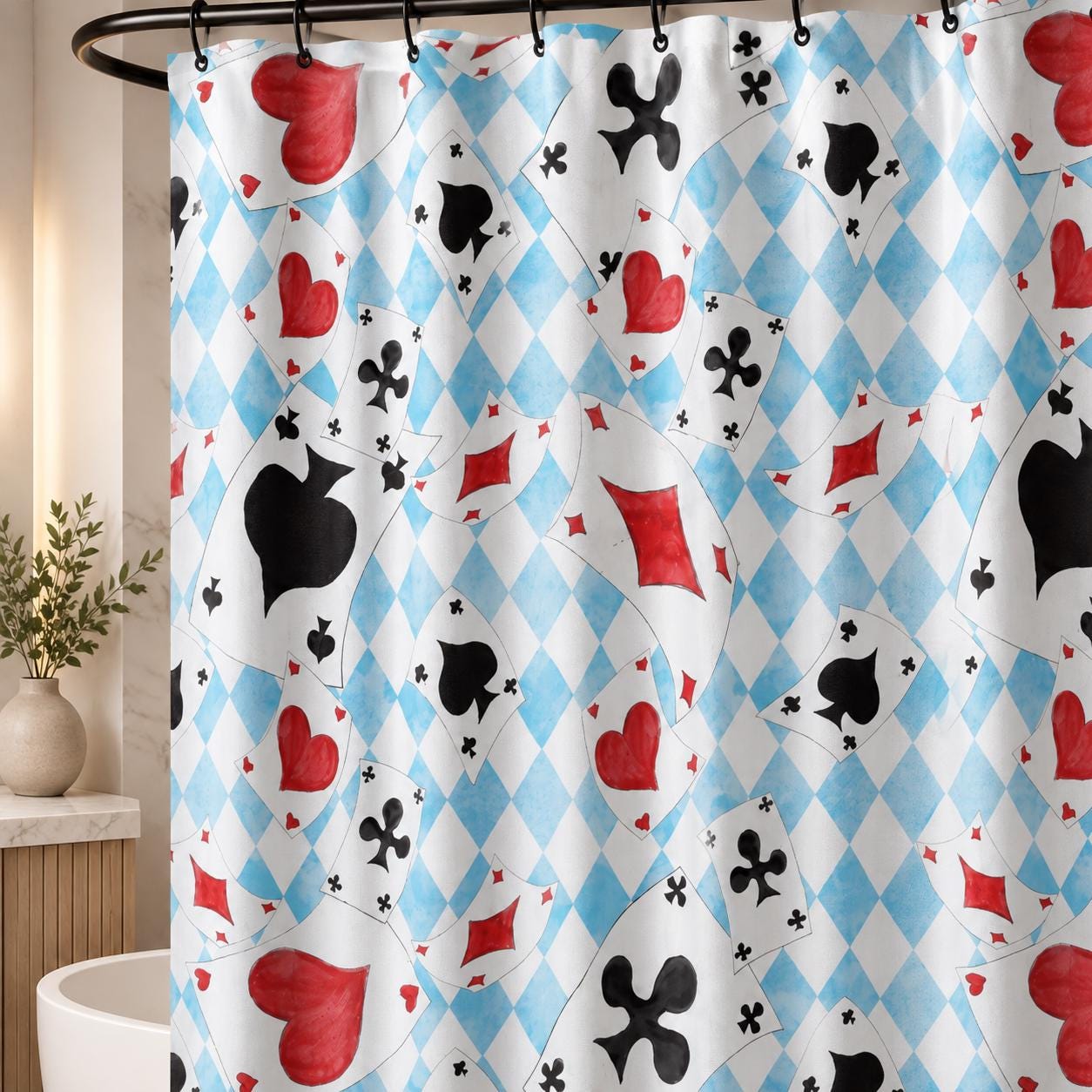 Playing Card Shower Curtain, Blue Harlequin Diamond Bath Curtain, Red Heart Spade Suits