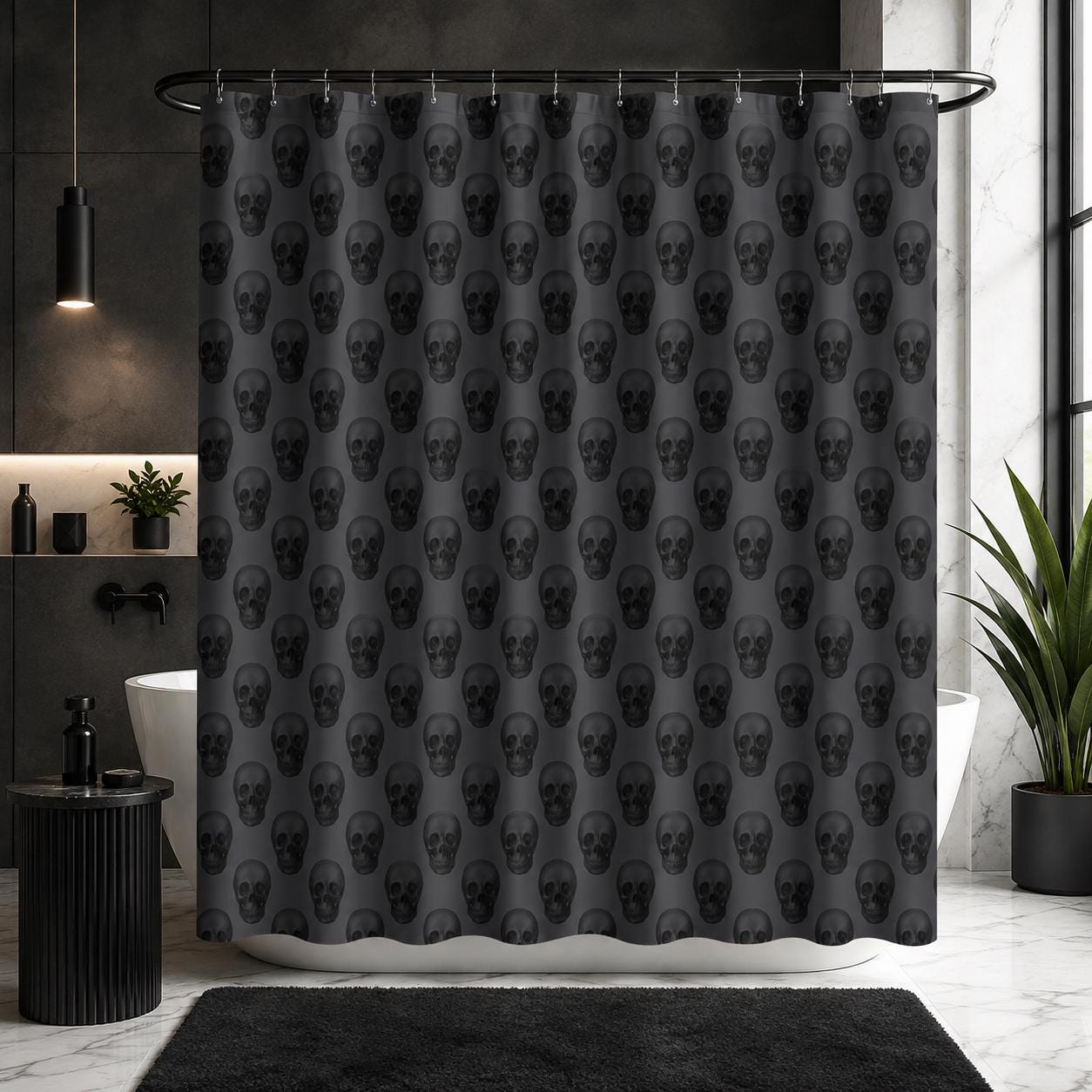 Repeating Skull Shower Curtain, Charcoal Gray Gothic Bath Decor