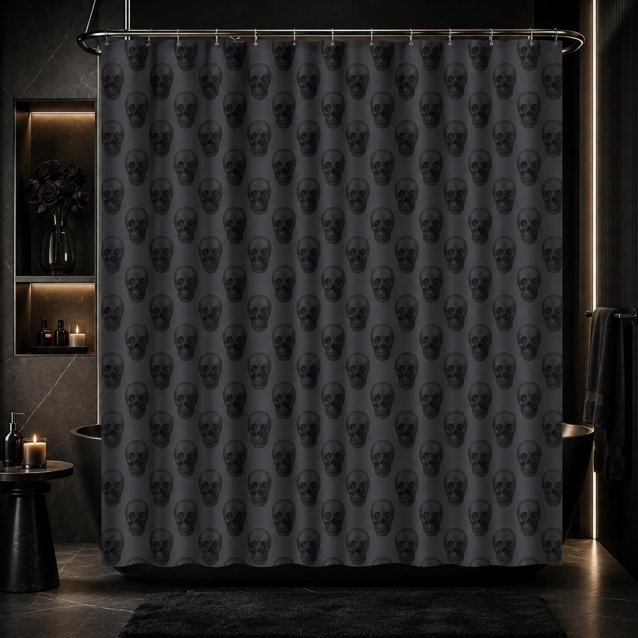 Repeating Skull Shower Curtain, Charcoal Gray Gothic Bath Decor
