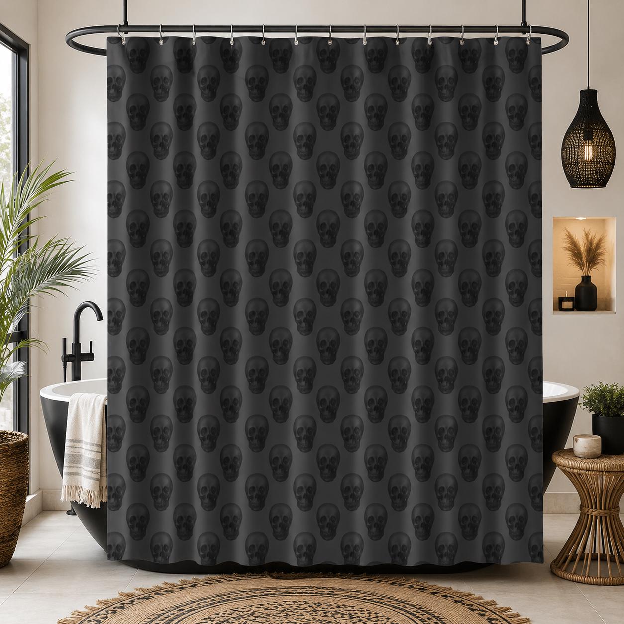 Repeating Skull Shower Curtain, Charcoal Gray Gothic Bath Decor