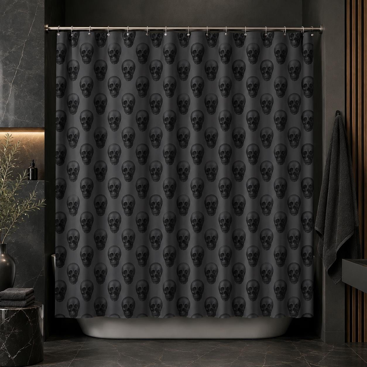 Repeating Skull Shower Curtain, Charcoal Gray Gothic Bath Decor