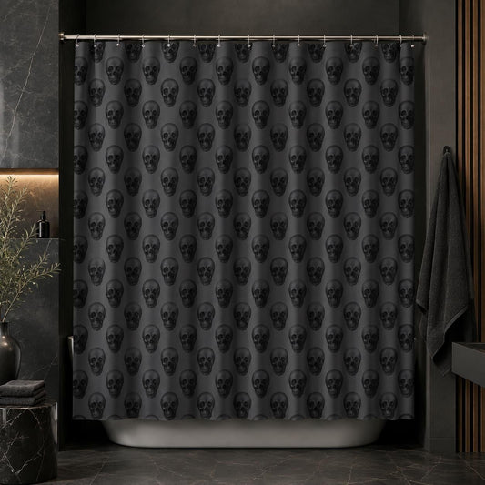Repeating Skull Shower Curtain, Charcoal Gray Gothic Bath Decor