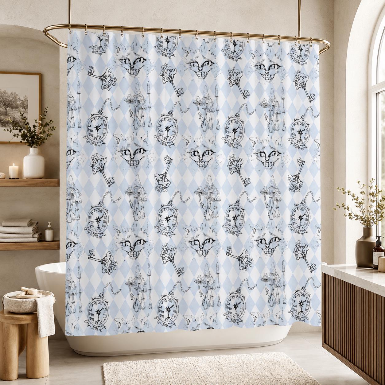 Blue Harlequin Cat Shower Curtain, Whimsical Wonderland Bathroom Decor, Vintage Curio Bath Accent