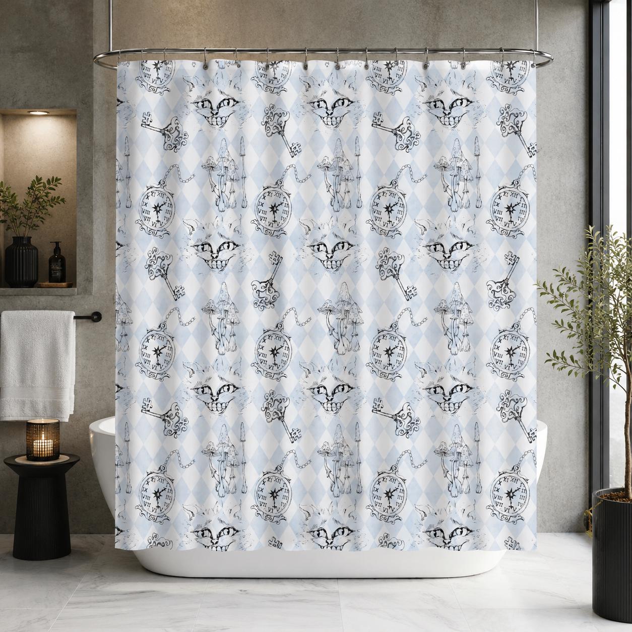 Blue Harlequin Cat Shower Curtain, Whimsical Wonderland Bathroom Decor, Vintage Curio Bath Accent