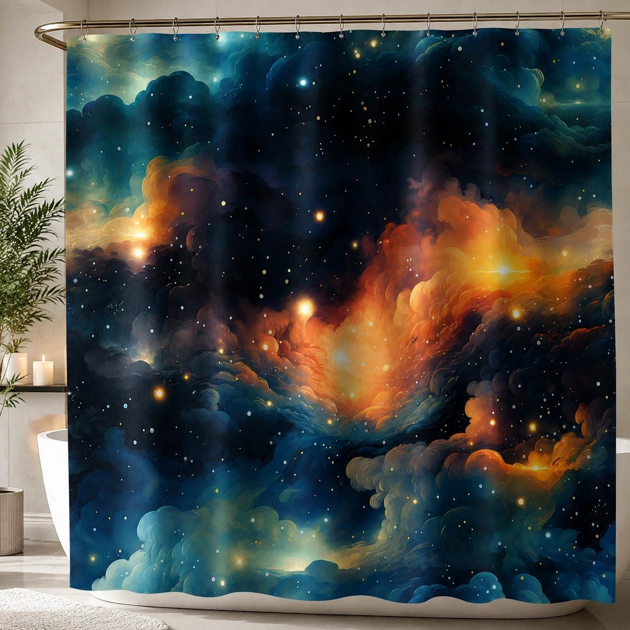 Galaxy Nebula Shower Curtain, Blue Space Bathroom Decor, Cosmic Starry Guest Bath Accent
