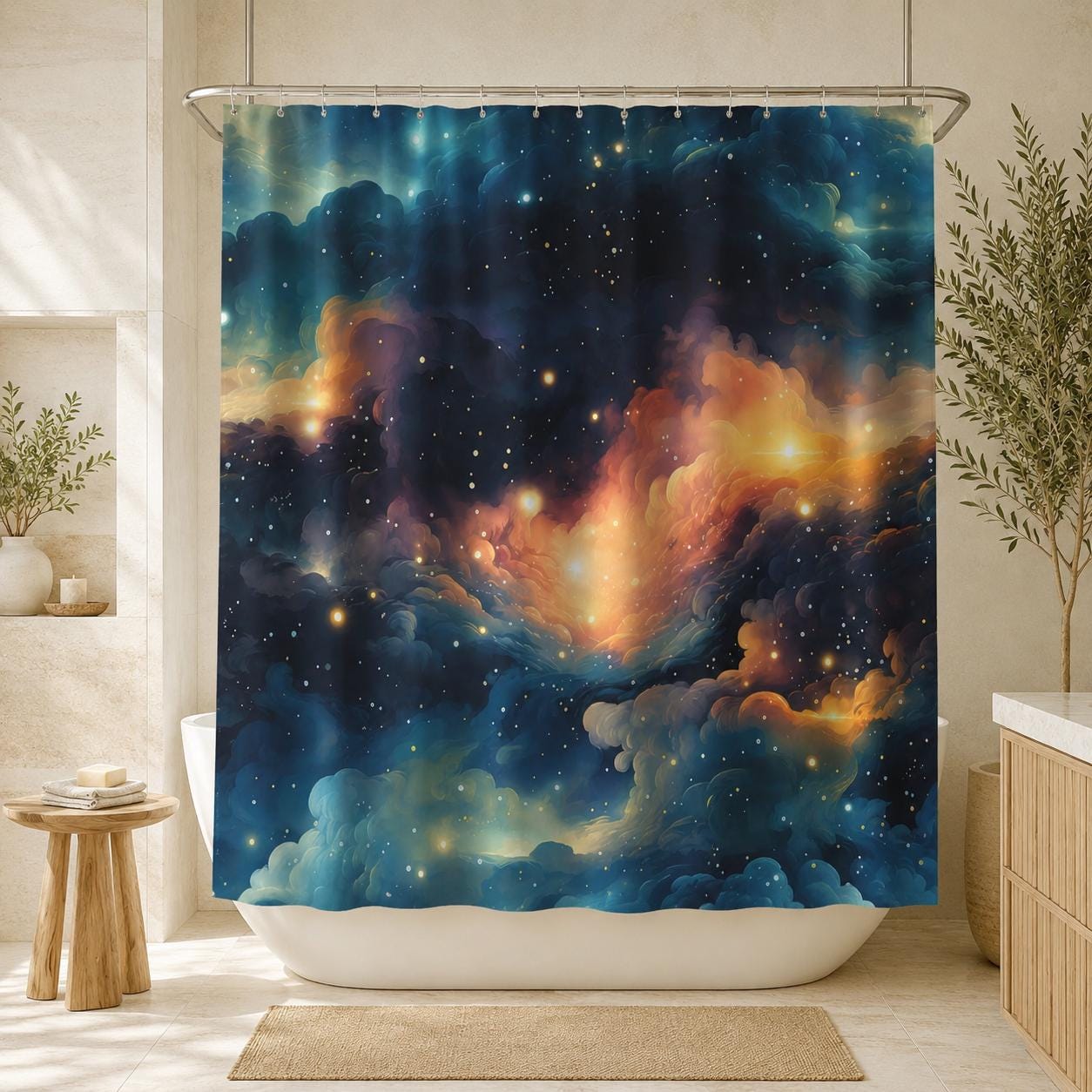 Galaxy Nebula Shower Curtain, Blue Space Bathroom Decor, Cosmic Starry Guest Bath Accent