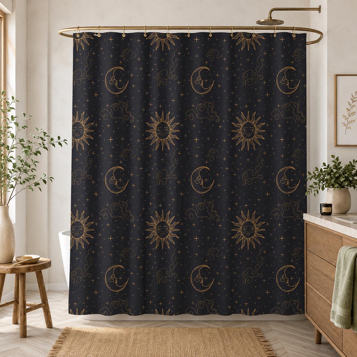Sun Moon Shower Curtain, Celestial Astrology Bathroom Decor, Starry Night Boho Guest Bath Accent