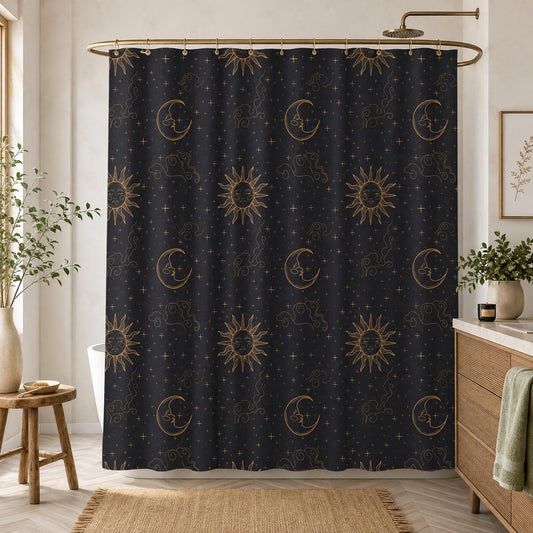 Sun Moon Shower Curtain, Celestial Astrology Bathroom Decor, Starry Night Boho Guest Bath Accent