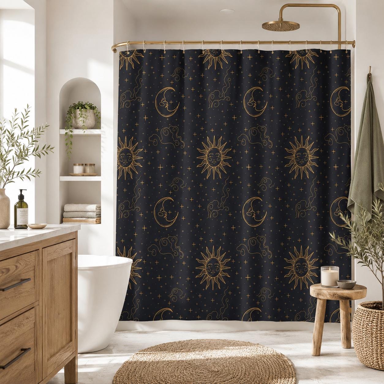 Sun Moon Shower Curtain, Celestial Astrology Bathroom Decor, Starry Night Boho Guest Bath Accent