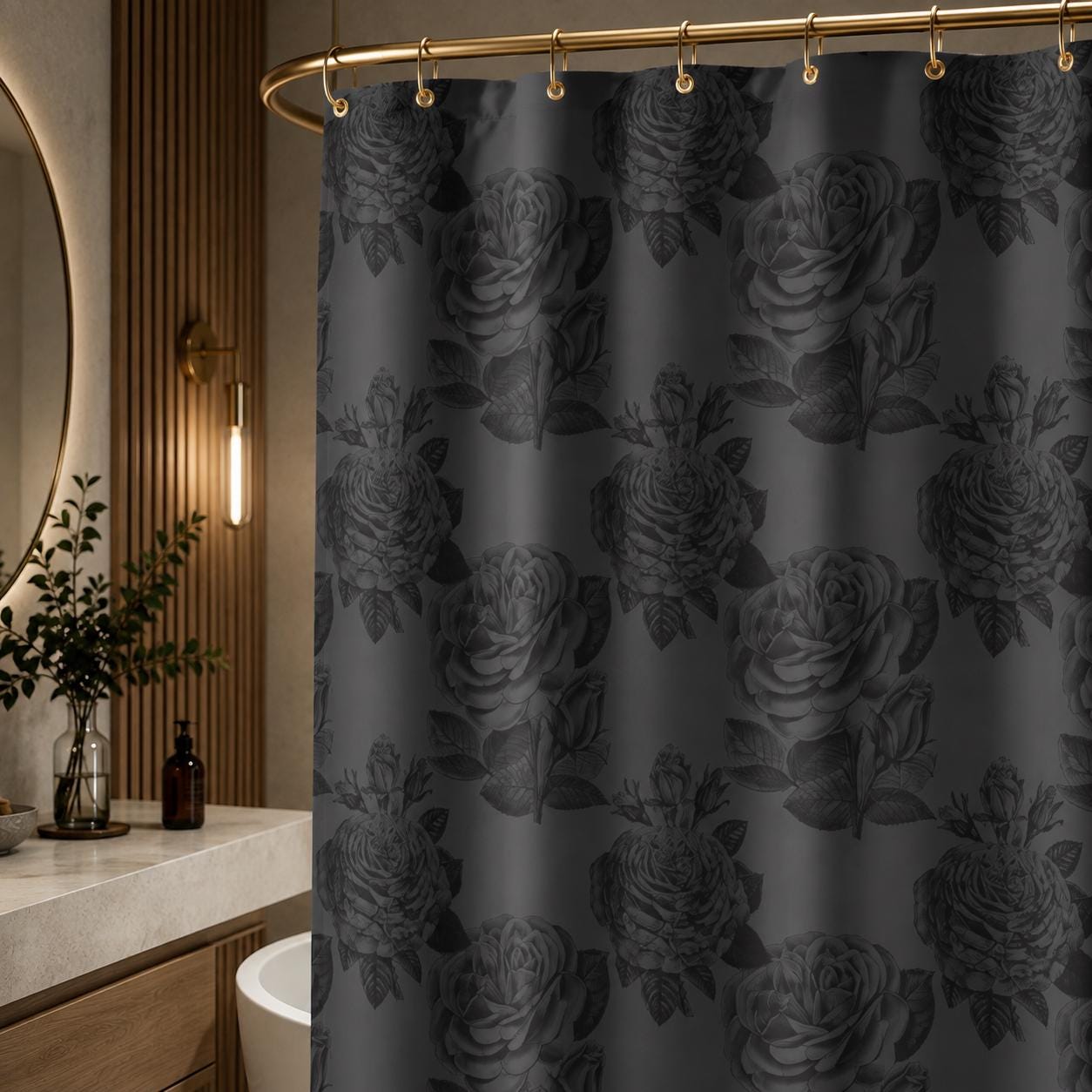 Dark Rose Shower Curtain, Black Botanical Bathroom Decor, Moody Romantic Gothic Guest Bath Accent