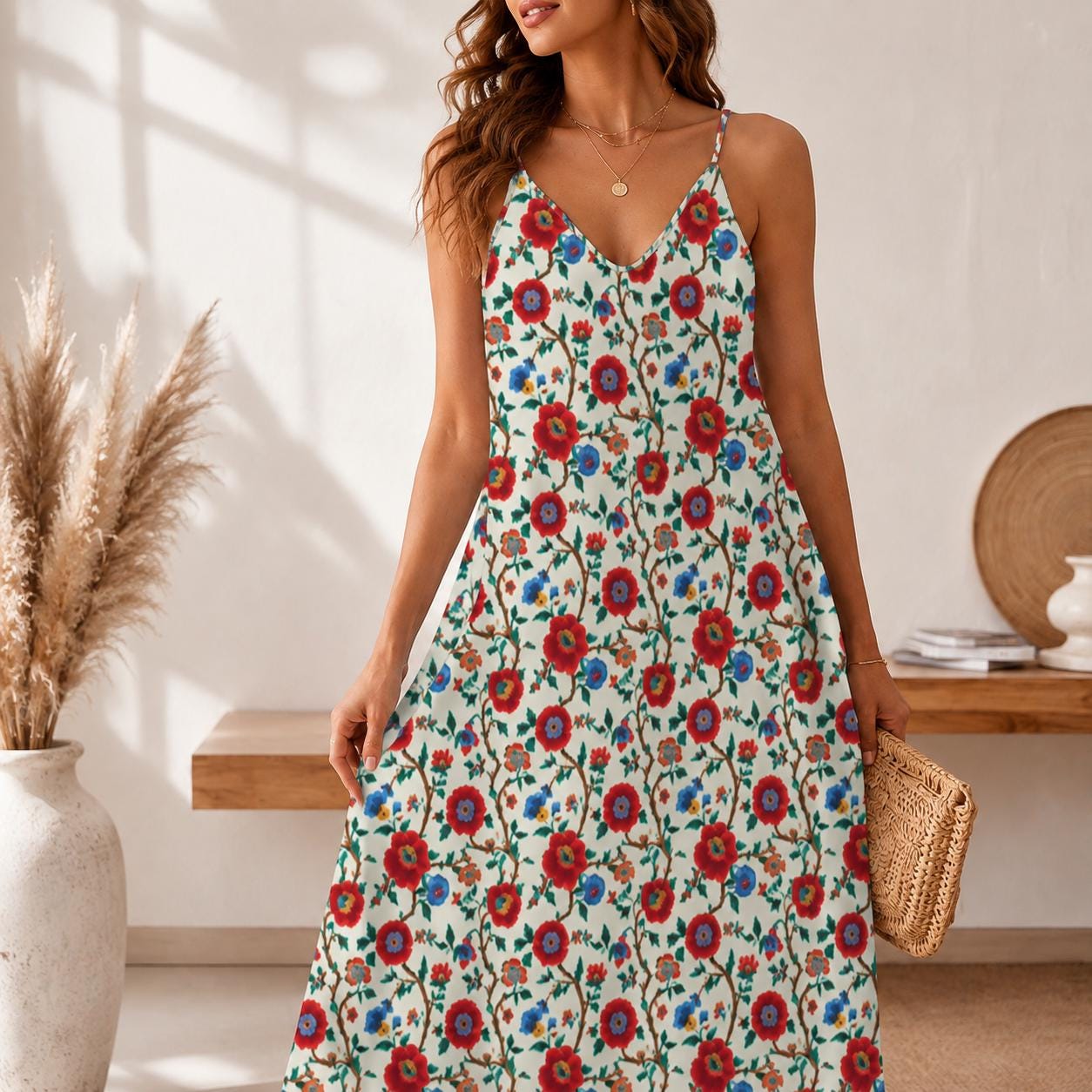 Cream and Red Poppy Floral Print Maxi Dress with Spaghetti Straps