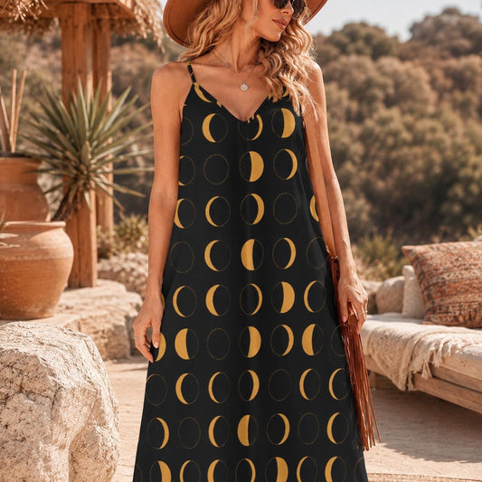 Black and Yellow Moon Phase Print Maxi Dress with Spaghetti Straps