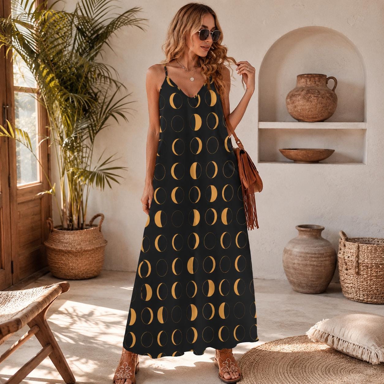 Black and Yellow Moon Phase Print Maxi Dress with Spaghetti Straps