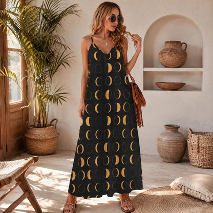 Black and Yellow Moon Phase Print Maxi Dress with Spaghetti Straps