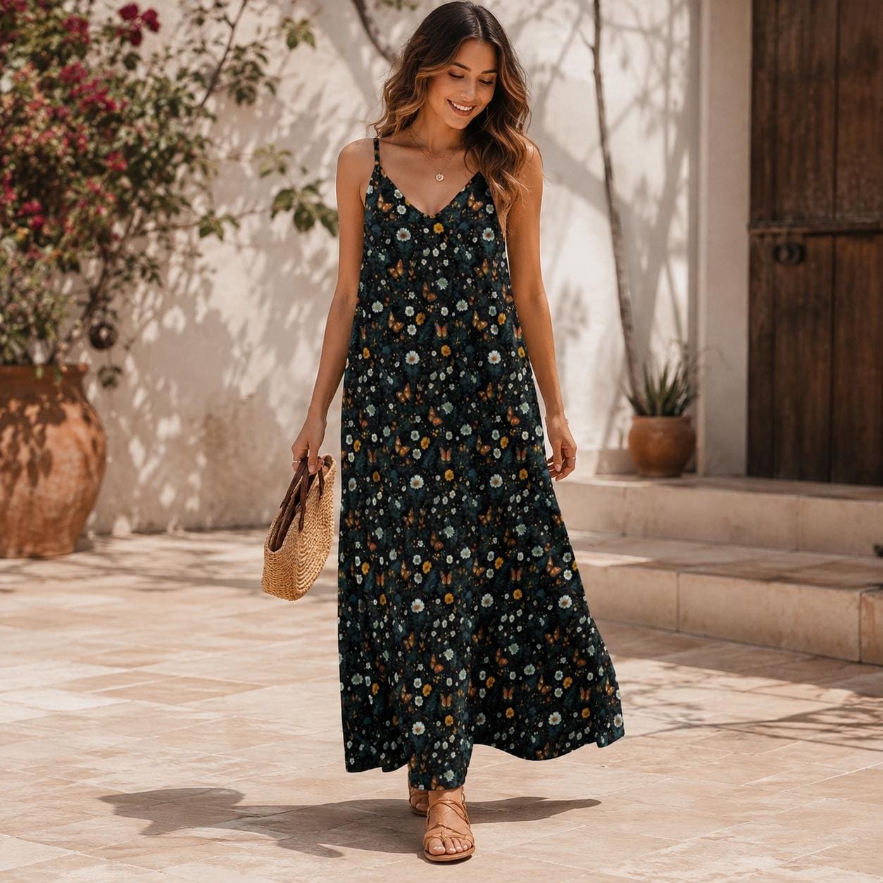 Woman wearing a long black spaghetti strap maxi dress printed all over with small white daisies, blue buds and mustard butterflies, carrying a straw bag on a sunny courtyard path.