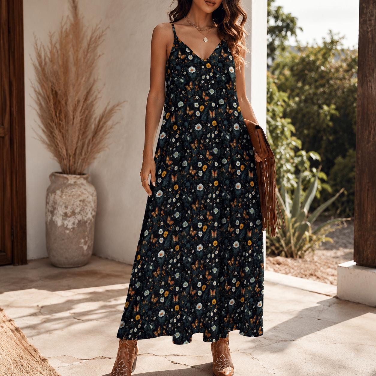 Black Daisy and Butterfly Ditsy Print Maxi Dress with Spaghetti Straps