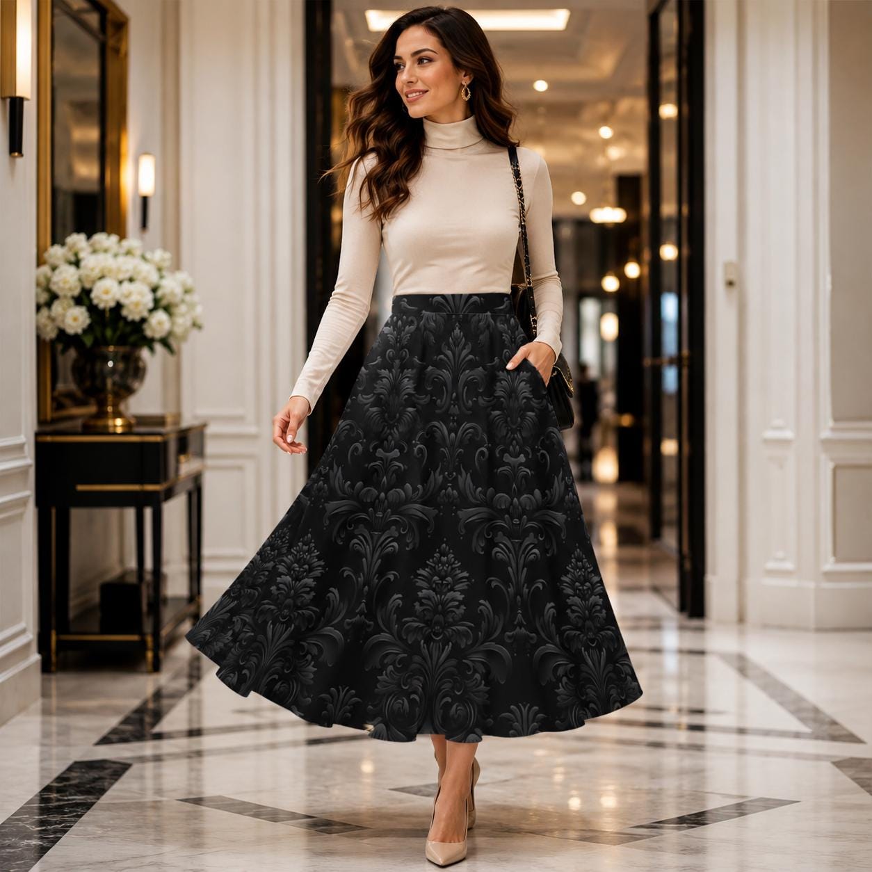 Black Damask A Line Midi Skirt with Side Pockets