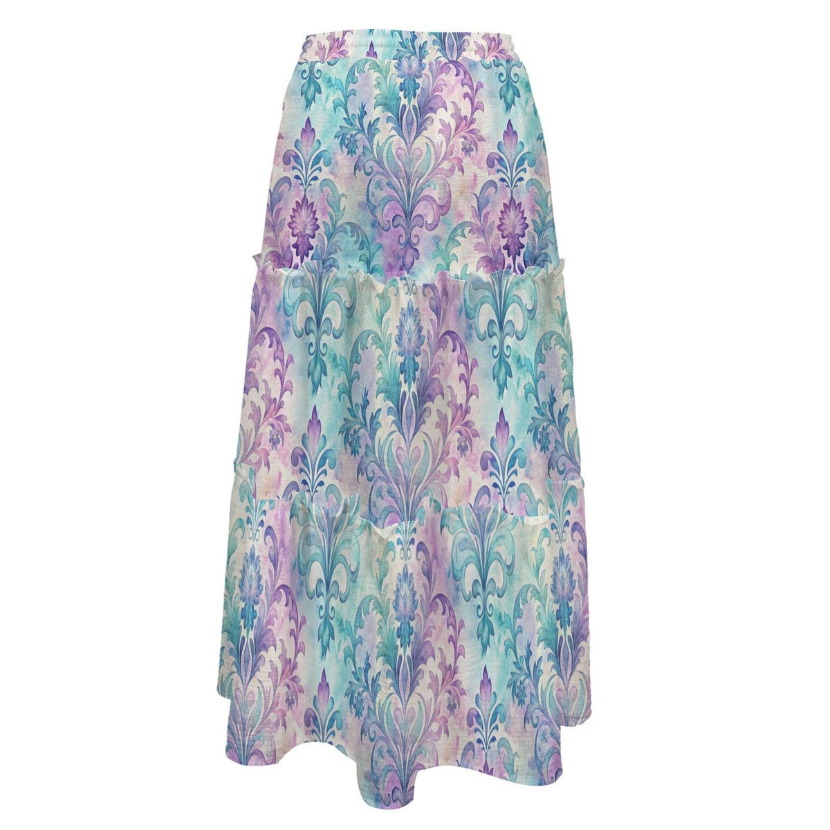 Pastel Paisley Maxi Skirt, Aqua Lavender Botanical Tiered Skirt