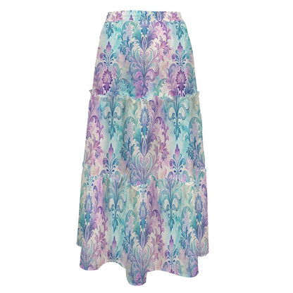 Pastel Paisley Maxi Skirt, Aqua Lavender Botanical Tiered Skirt