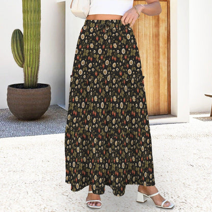 Ditsy Folk Floral Maxi Skirt, Dark Cottagecore Tiered Skirt