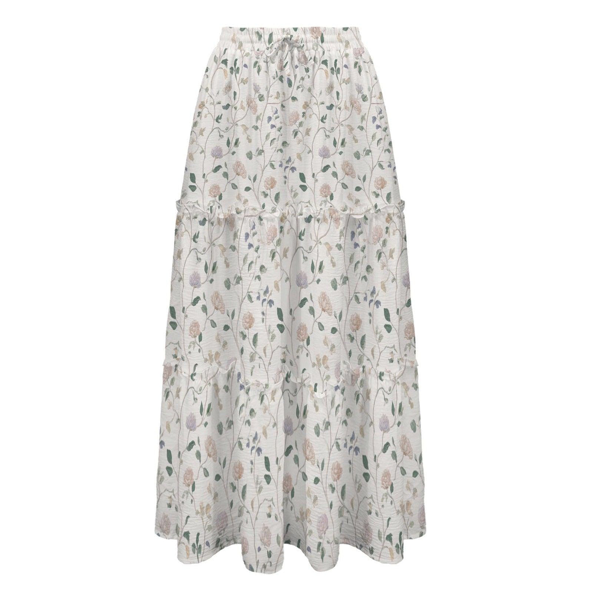 Ivory Wildflower Tiered Maxi Skirt, Sage Pink Cottagecore Long Skirt