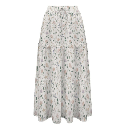 Ivory Wildflower Tiered Maxi Skirt, Sage Pink Cottagecore Long Skirt