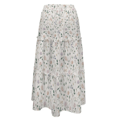 Ivory Wildflower Tiered Maxi Skirt, Sage Pink Cottagecore Long Skirt
