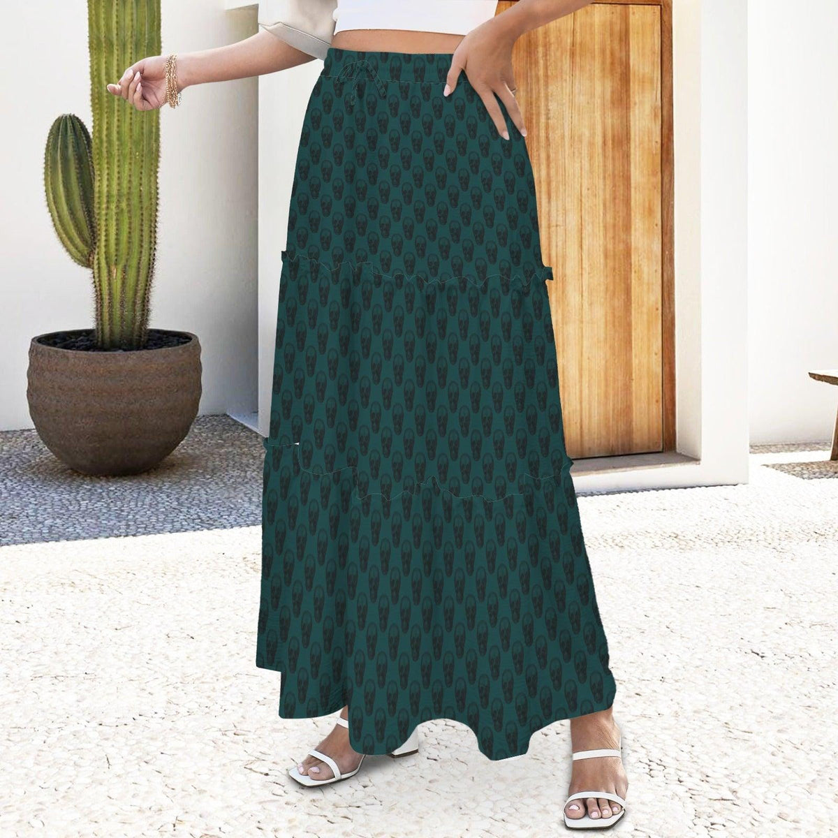 Tonal Damask Maxi Skirt, Forest Green Botanical Tiered Skirt