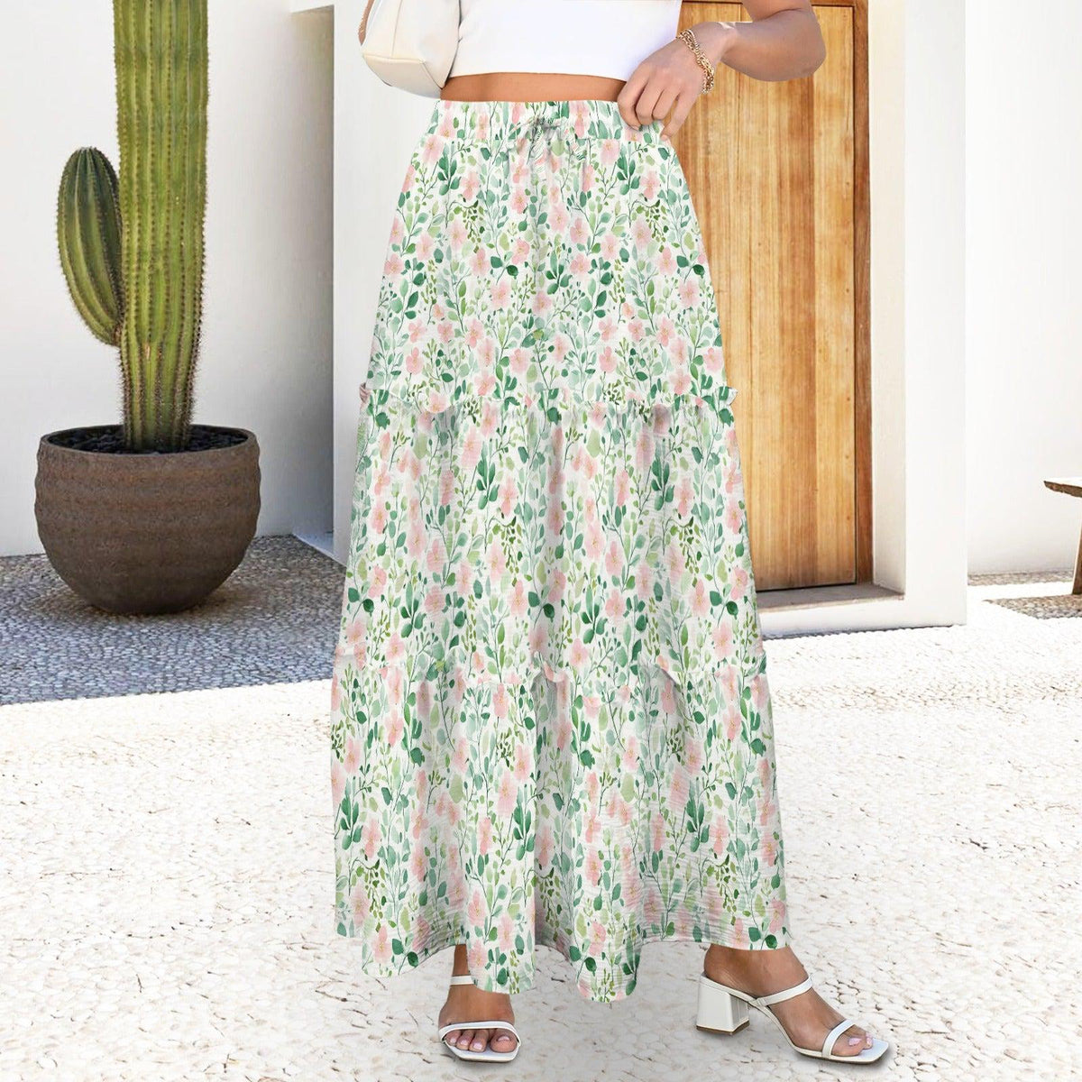 Cottage Garden Maxi Skirt, Blush Watercolor Floral Design