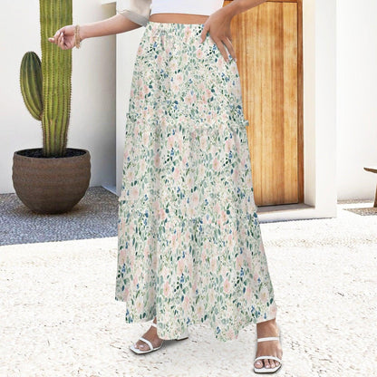 Watercolor Floral Maxi Skirt, Delicate Blue Teal Cottage Blooms