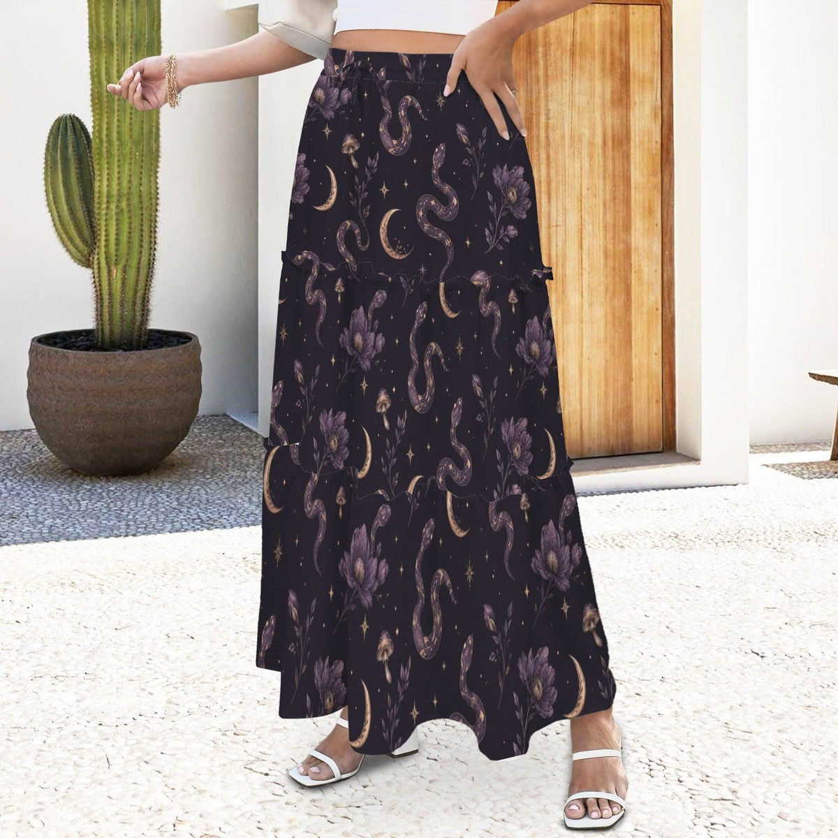 Celestial Serpent Maxi Skirt, Purple Moon and Floral Gothic Design