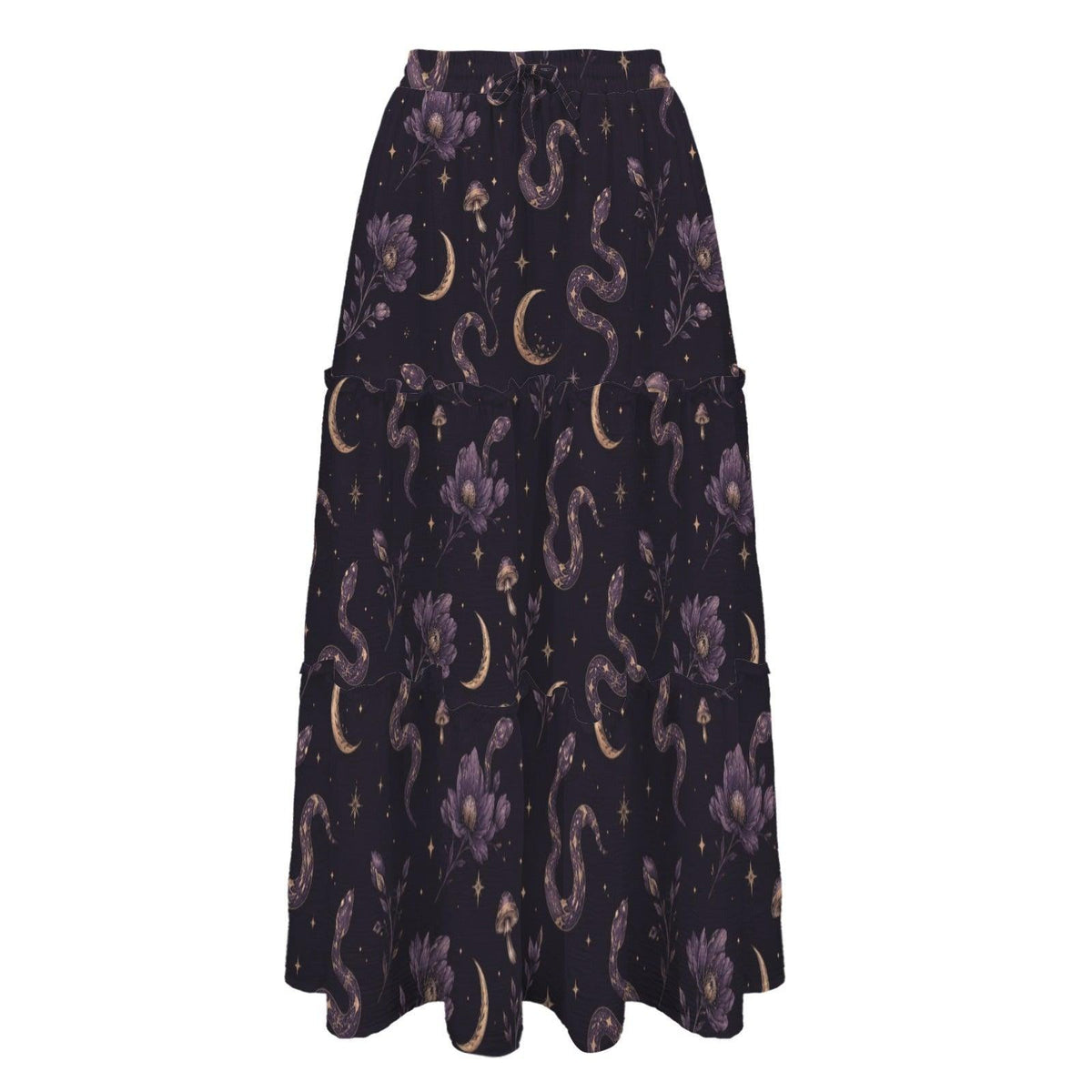 Celestial Serpent Maxi Skirt, Purple Moon and Floral Gothic Design