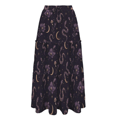 Celestial Serpent Maxi Skirt, Purple Moon and Floral Gothic Design