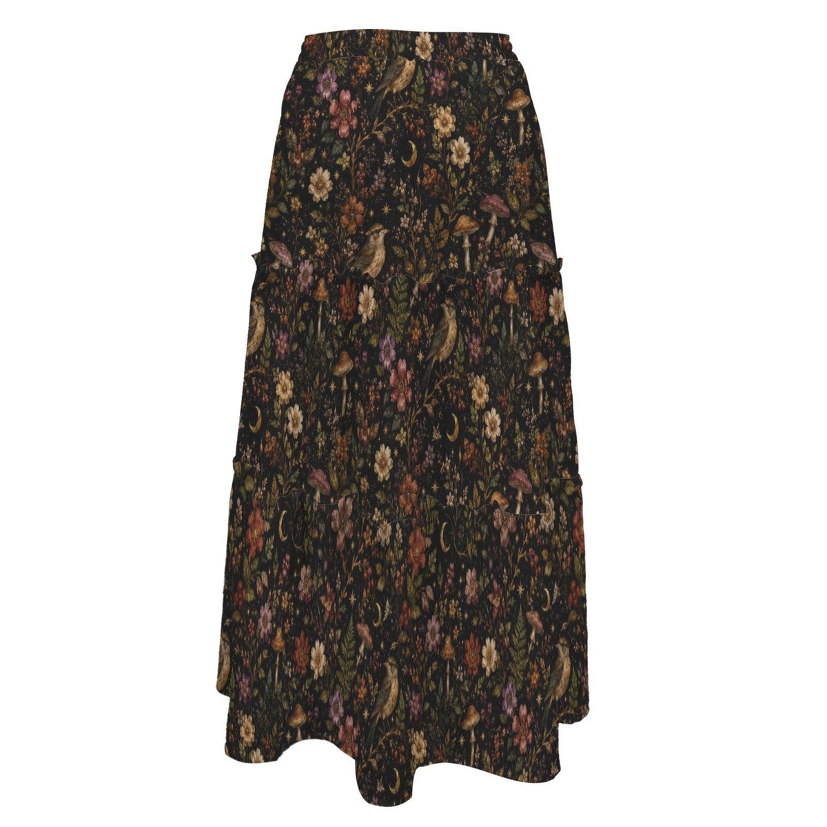 Celestial Floral Maxi Skirt, Gold Crescent Moons on Black