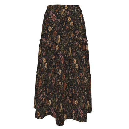 Celestial Floral Maxi Skirt, Gold Crescent Moons on Black