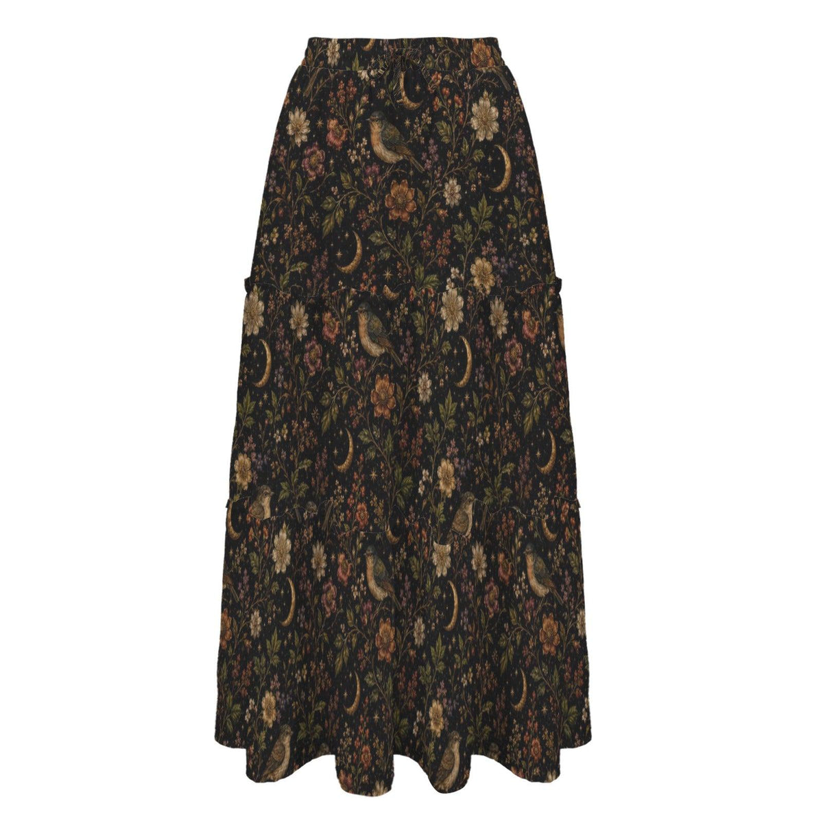 Celestial Floral Maxi Skirt, Crescent Moon Dark Botanical Tiered Design