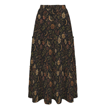 Celestial Floral Maxi Skirt, Crescent Moon Dark Botanical Tiered Design